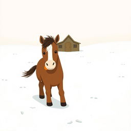 In a snowy landscape, a small brown pony with a slightly white forehead is moving forward, holding a bright orange sweet potato in its mouth
