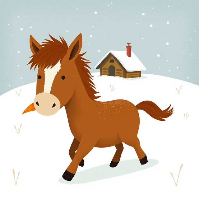 In a snowy landscape, a small brown pony with a slightly white forehead is moving forward, holding a bright orange sweet potato in its mouth