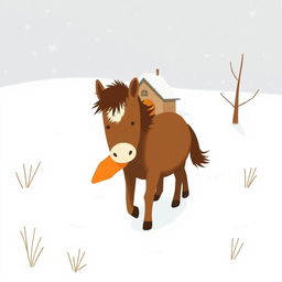 In a snowy landscape, a small brown pony with a slightly white forehead is moving forward, holding a bright orange sweet potato in its mouth