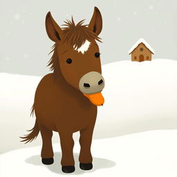 In a snowy landscape, a small brown pony with a slightly white forehead is holding a bright orange sweet potato in its mouth
