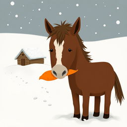 In a snowy landscape, a small brown pony with a slightly white forehead is holding a bright orange sweet potato in its mouth