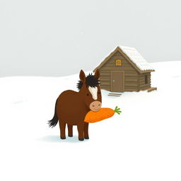 In a snowy landscape, a small brown pony with a slightly white forehead is holding a bright orange sweet potato in its mouth