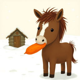 In a snowy landscape, a small brown pony with a slightly white forehead is holding a bright orange sweet potato in its mouth