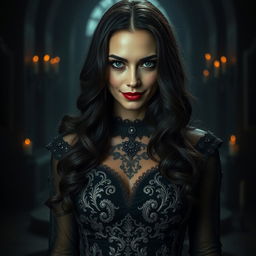 A captivating and ominous woman with a striking beauty that exudes both allure and danger