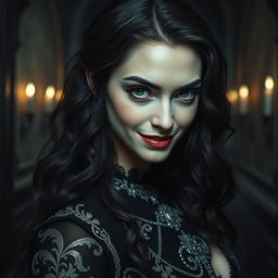A captivating and ominous woman with a striking beauty that exudes both allure and danger