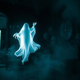 An ethereal ghost floating gracefully through a dimly lit, abandoned Victorian mansion