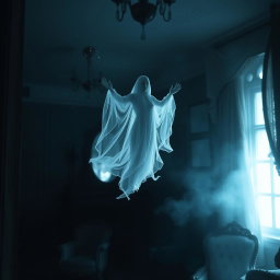An ethereal ghost floating gracefully through a dimly lit, abandoned Victorian mansion