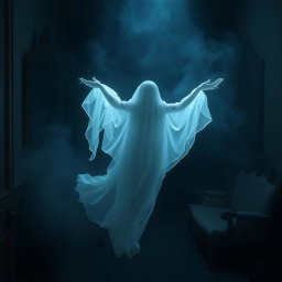 An ethereal ghost floating gracefully through a dimly lit, abandoned Victorian mansion