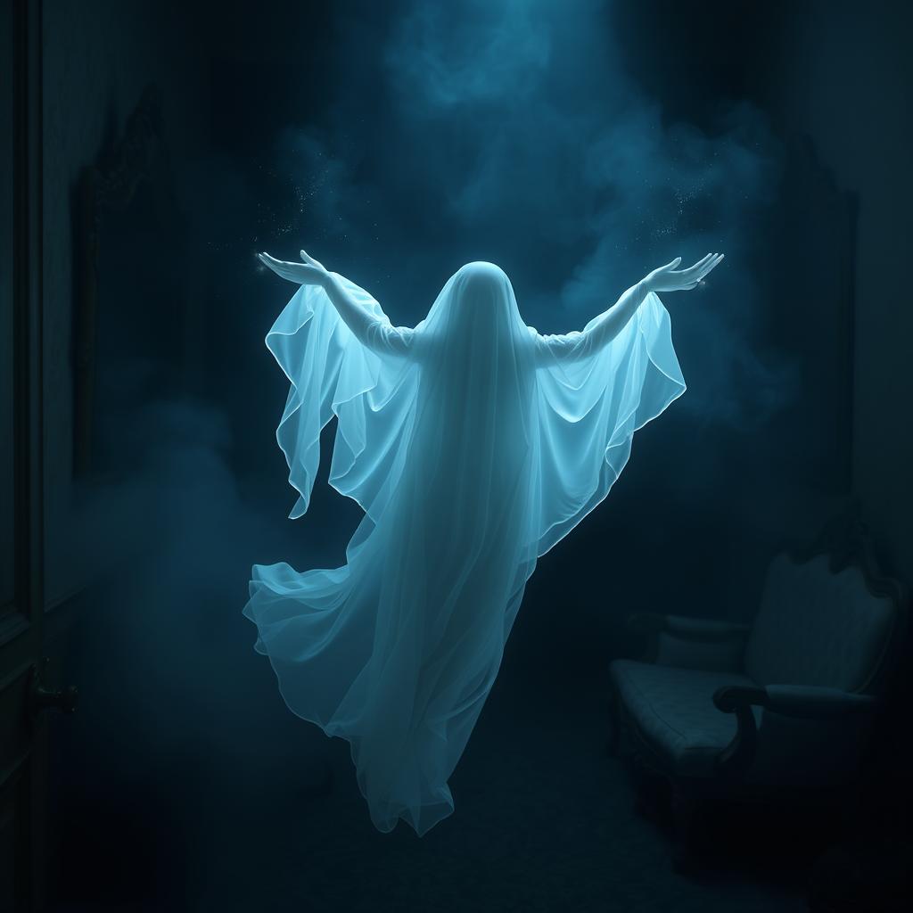 An ethereal ghost floating gracefully through a dimly lit, abandoned Victorian mansion