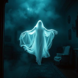 An ethereal ghost floating gracefully through a dimly lit, abandoned Victorian mansion