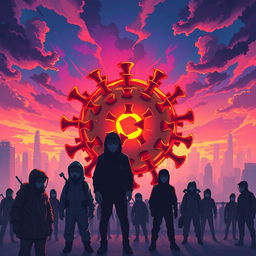 An illustration depicting a fictional virus epidemic, where a vibrant, abstract depiction of a virus occupies the center of the image