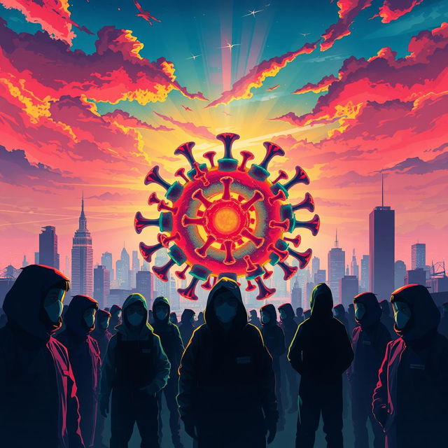 An illustration depicting a fictional virus epidemic, where a vibrant, abstract depiction of a virus occupies the center of the image