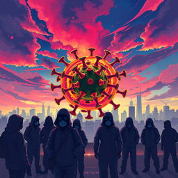 An illustration depicting a fictional virus epidemic, where a vibrant, abstract depiction of a virus occupies the center of the image