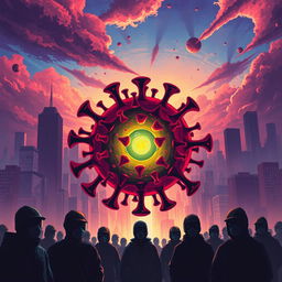 An illustration depicting a fictional virus epidemic, where a vibrant, abstract depiction of a virus occupies the center of the image