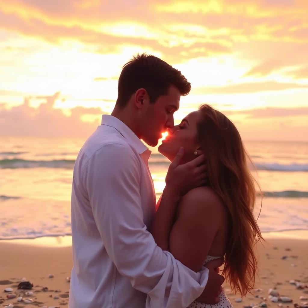 A romantic kiss between a couple at sunset, with soft, warm lighting casting a golden hue on their faces