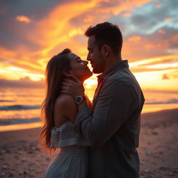 A romantic kiss between a couple at sunset, with soft, warm lighting casting a golden hue on their faces