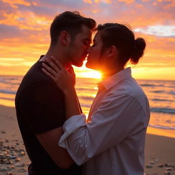 A romantic kiss between a couple at sunset, with soft, warm lighting casting a golden hue on their faces