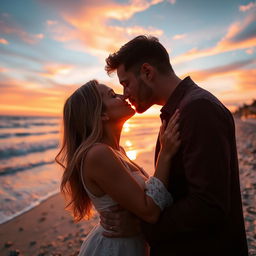 A romantic kiss between a couple at sunset, with soft, warm lighting casting a golden hue on their faces