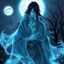 A mystical apparition of a Uchiha clan member, capturing the ethereal essence of a ghostly figure in a traditional samurai pose
