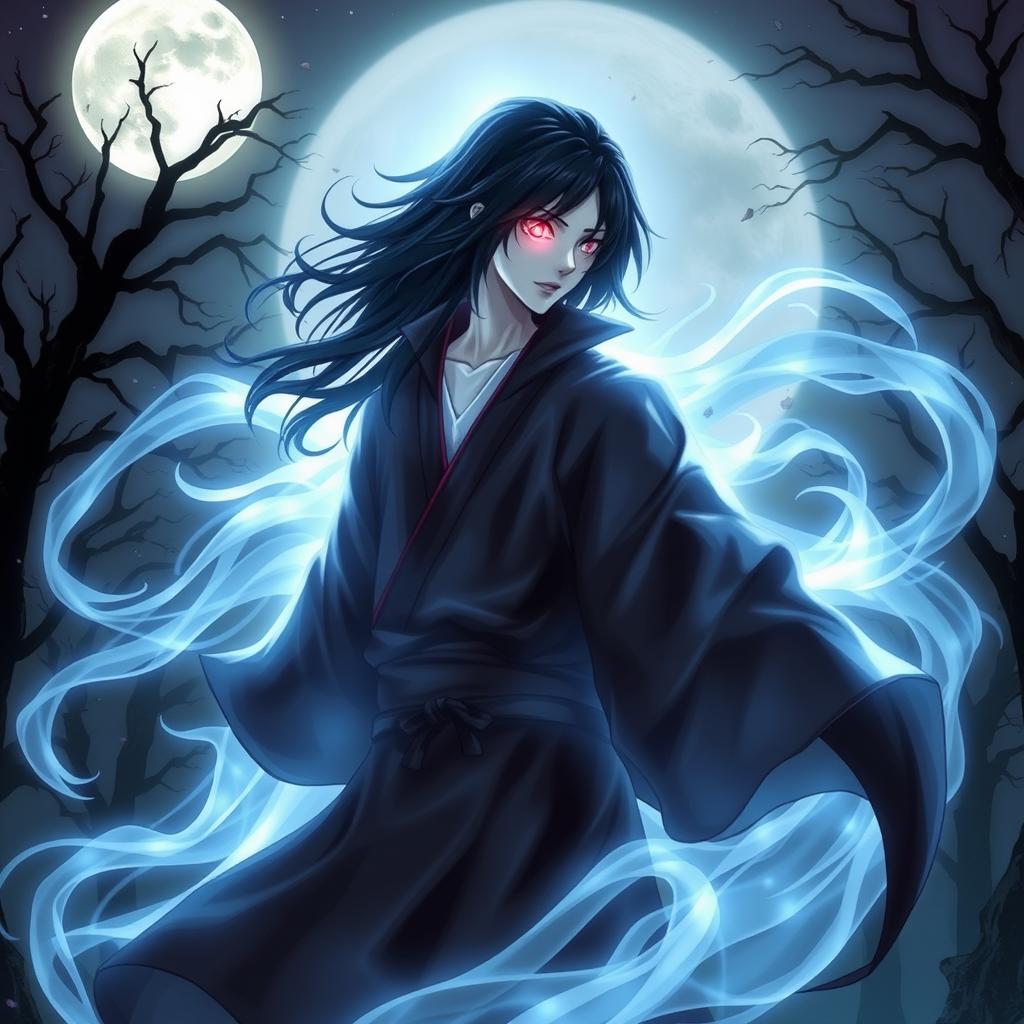 A mystical apparition of a Uchiha clan member, capturing the ethereal essence of a ghostly figure in a traditional samurai pose