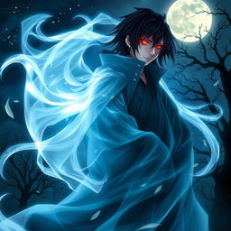 A mystical apparition of a Uchiha clan member, capturing the ethereal essence of a ghostly figure in a traditional samurai pose
