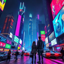 A futuristic cityscape at night, illuminated by a colorful neon glow
