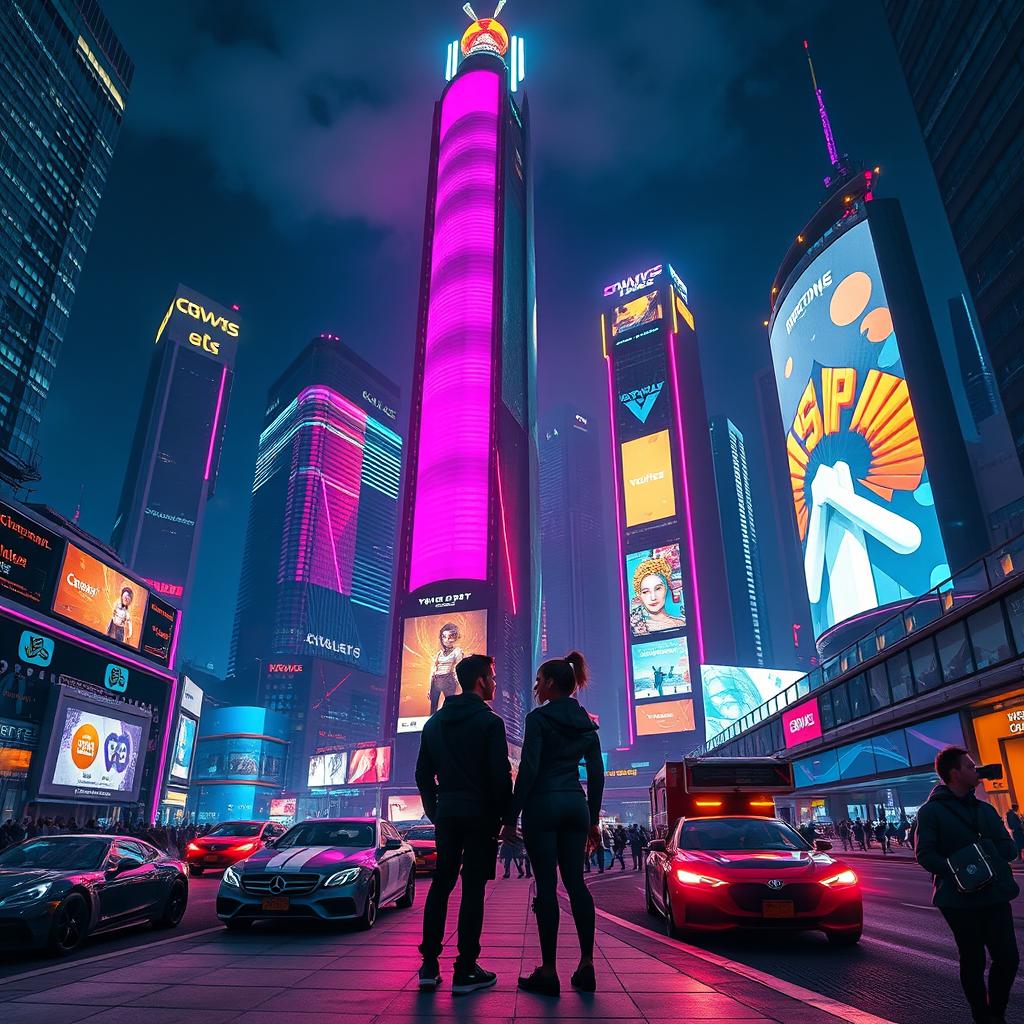 A futuristic cityscape at night, illuminated by a colorful neon glow