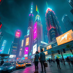 A futuristic cityscape at night, illuminated by a colorful neon glow