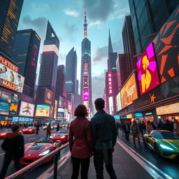 A futuristic cityscape at night, illuminated by a colorful neon glow