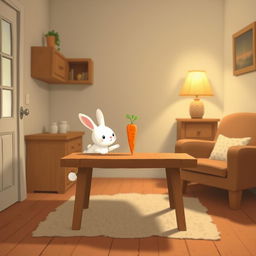 In a cozy room, a cute little white rabbit is placing a vibrant orange carrot on a wooden table
