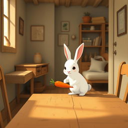 In a cozy room, a cute little white rabbit is placing a vibrant orange carrot on a wooden table