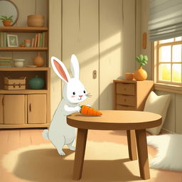 In a cozy room, a cute little white rabbit is placing a vibrant orange carrot on a wooden table