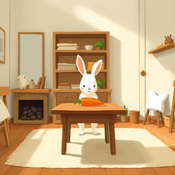 In a cozy room, a cute little white rabbit is placing a vibrant orange carrot on a wooden table