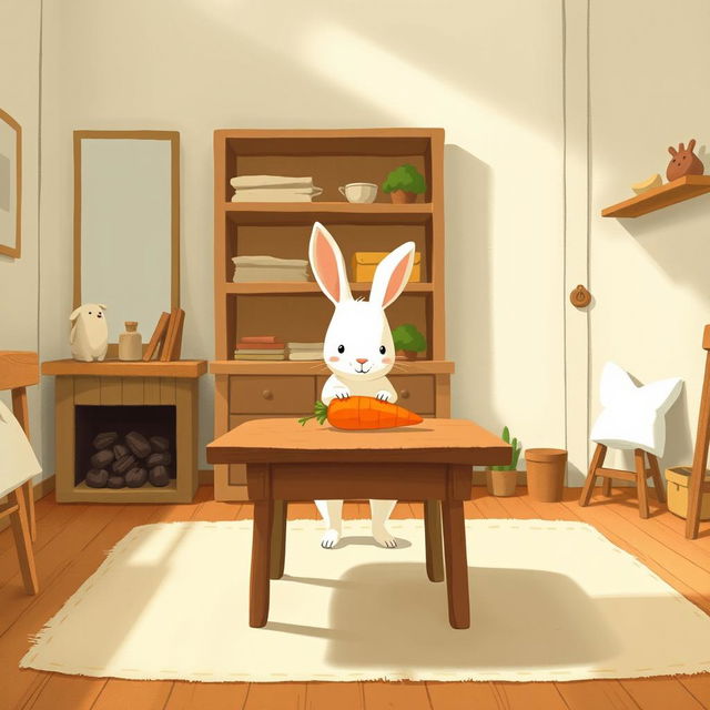 In a cozy room, a cute little white rabbit is placing a vibrant orange carrot on a wooden table