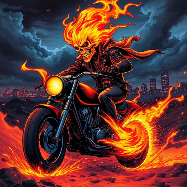 A dynamic depiction of a Ghost Rider character, with flaming skull head in brilliant orange and red hues, surrounded by swirling flames, riding a powerful motorcycle through a dark, fiery landscape
