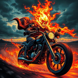 A dynamic depiction of a Ghost Rider character, with flaming skull head in brilliant orange and red hues, surrounded by swirling flames, riding a powerful motorcycle through a dark, fiery landscape