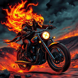 A dynamic depiction of a Ghost Rider character, with flaming skull head in brilliant orange and red hues, surrounded by swirling flames, riding a powerful motorcycle through a dark, fiery landscape