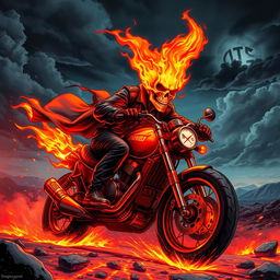 A dynamic depiction of a Ghost Rider character, with flaming skull head in brilliant orange and red hues, surrounded by swirling flames, riding a powerful motorcycle through a dark, fiery landscape