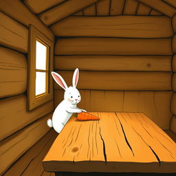 Inside a wooden cabin, a cute little white rabbit is placing a bright orange carrot on a rustic wooden table