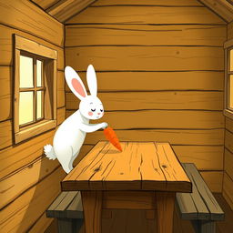 Inside a wooden cabin, a cute little white rabbit is placing a bright orange carrot on a rustic wooden table
