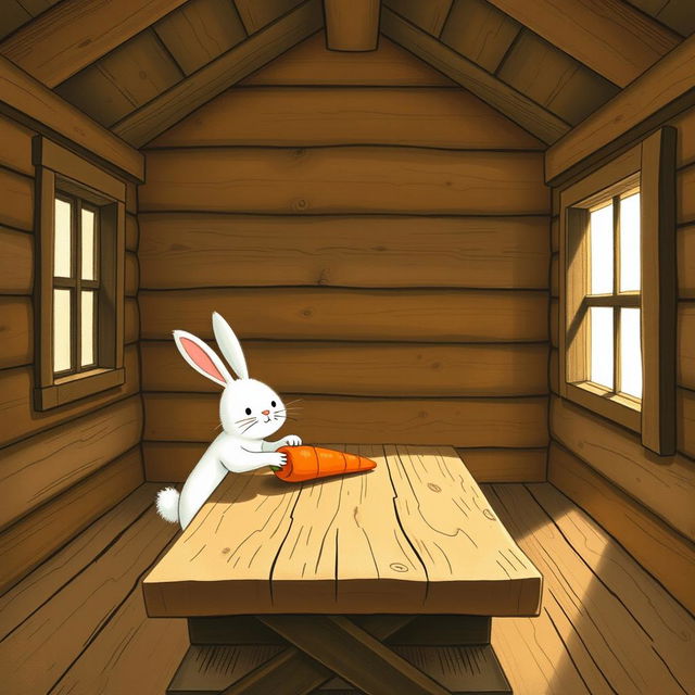 Inside a wooden cabin, a cute little white rabbit is placing a bright orange carrot on a rustic wooden table