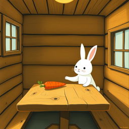 Inside a wooden cabin, a cute little white rabbit is placing a bright orange carrot on a rustic wooden table