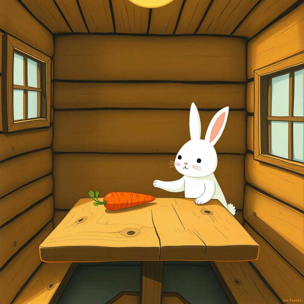 Inside a wooden cabin, a cute little white rabbit is placing a bright orange carrot on a rustic wooden table