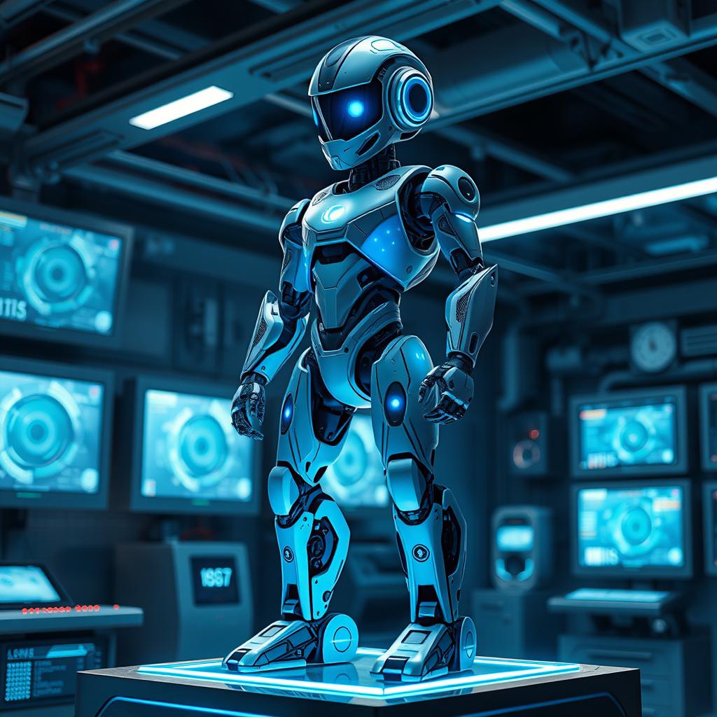 A sleek and futuristic robot designed with artificial intelligence, displaying advanced features like glowing blue accents, intricate circuitry patterns, and a holographic user interface