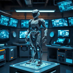 A sleek and futuristic robot designed with artificial intelligence, displaying advanced features like glowing blue accents, intricate circuitry patterns, and a holographic user interface