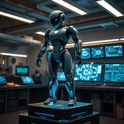 A sleek and futuristic robot designed with artificial intelligence, displaying advanced features like glowing blue accents, intricate circuitry patterns, and a holographic user interface