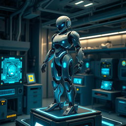A sleek and futuristic robot designed with artificial intelligence, displaying advanced features like glowing blue accents, intricate circuitry patterns, and a holographic user interface