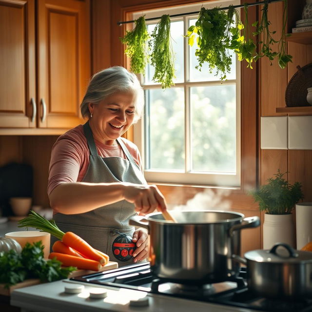 A cozy kitchen setting with a person in action cooking stocks