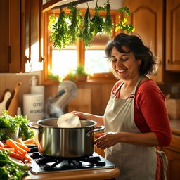 A cozy kitchen setting with a person in action cooking stocks