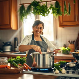 A cozy kitchen setting with a person in action cooking stocks